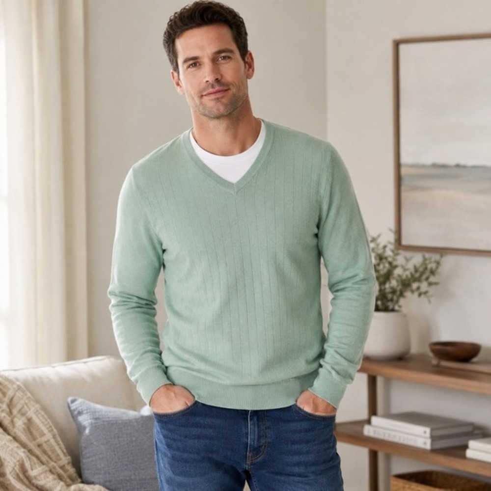 Vintage Geoffrey Beene Mint Green V Neck Sweater Mens‎ XL Textured Knit